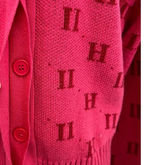 11 Honore Angie Cardigan Sweater 11h Monogram Print Pink Plus Size 1 14-16 - Picture 5 of 13